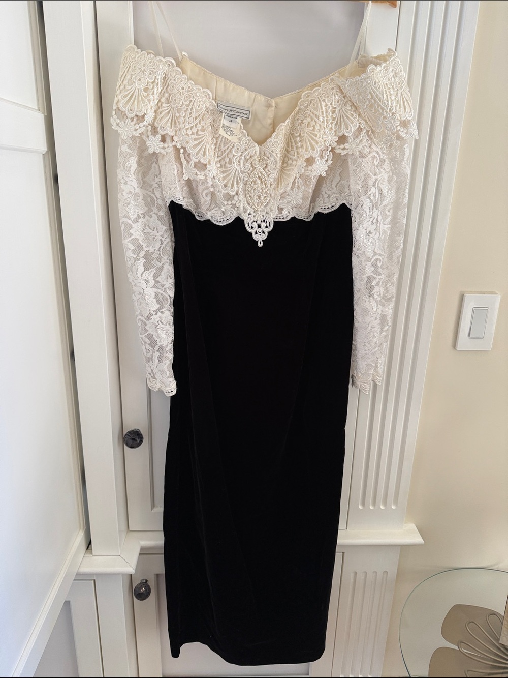 Vintage Scott McClintock Black Velvet Maxi Dress with Ivory Lace Bodice/Sleeves